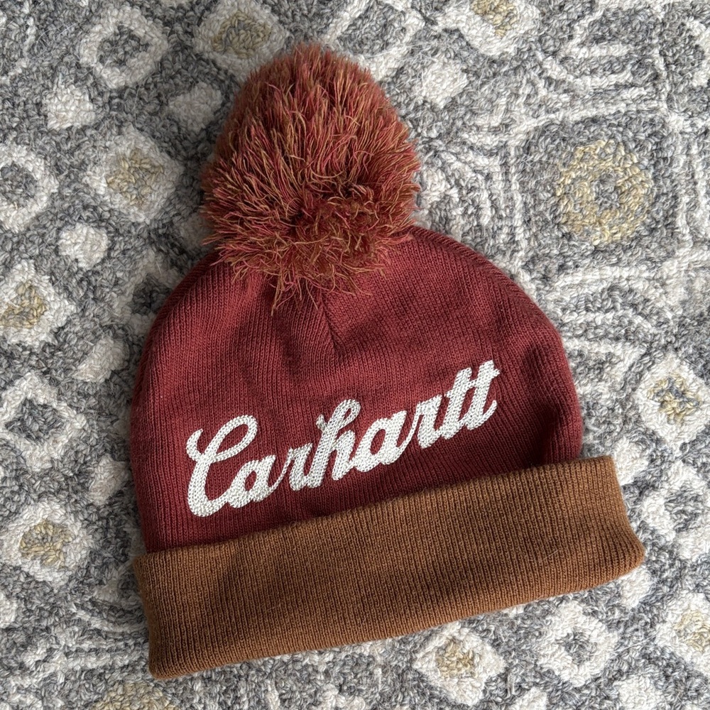 Carhartt Beanie with Pom-Pom - Rust and Brown